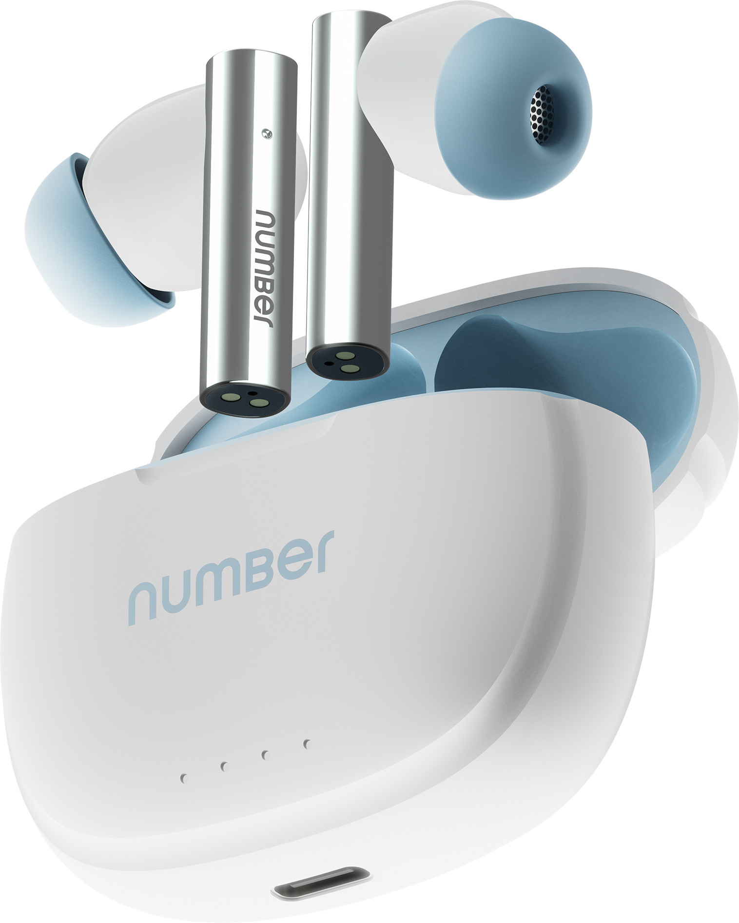 Number Navo Buds X1 w/ 50H Playtime, Dual Pairing, 13mm Speakers, ENC, 45ms Low Latency Bluetooth (White Sky, In the Ear)