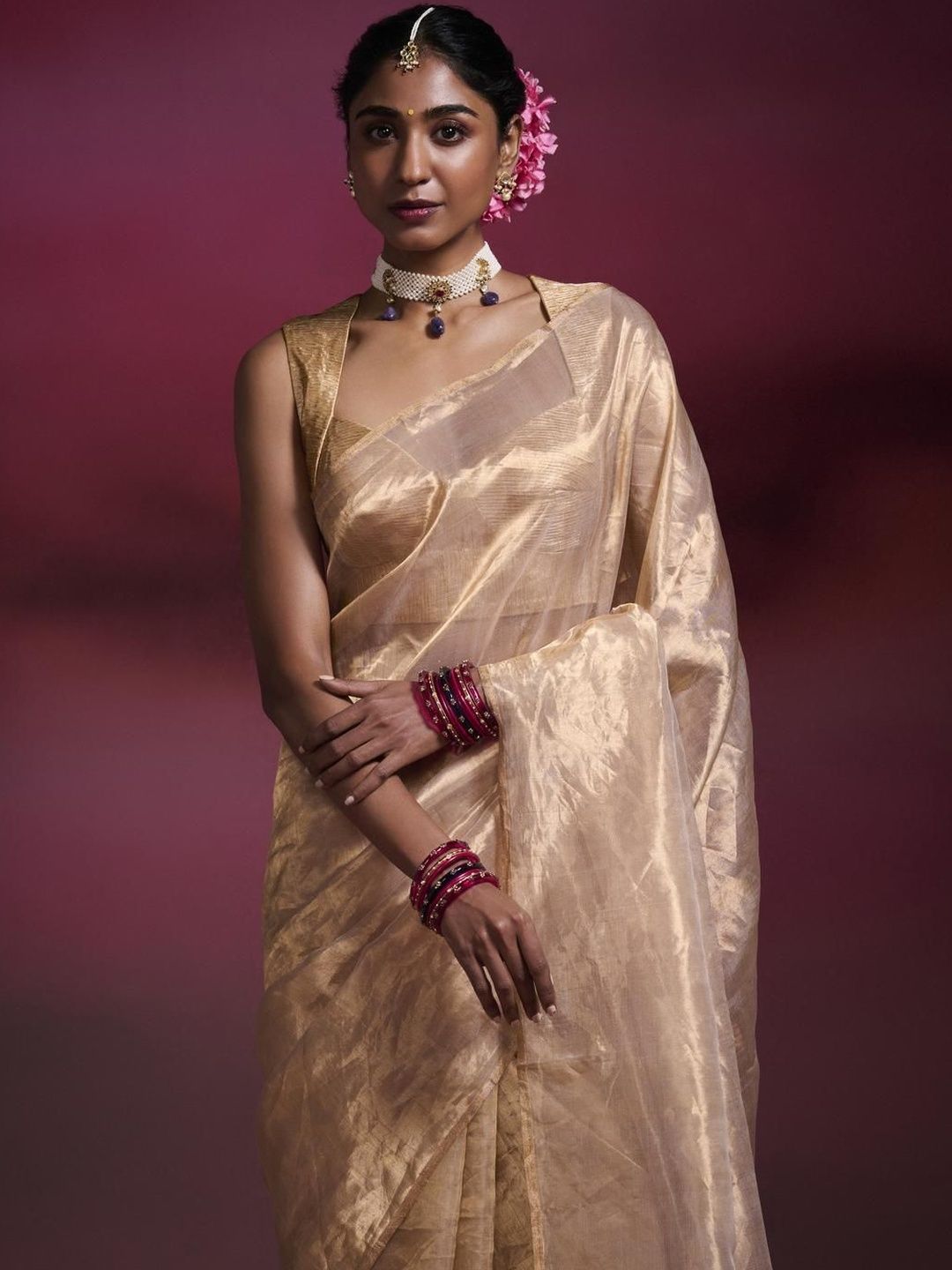 Dressfolk Chanderi Tissue Saree in Light Gold with Gold Border